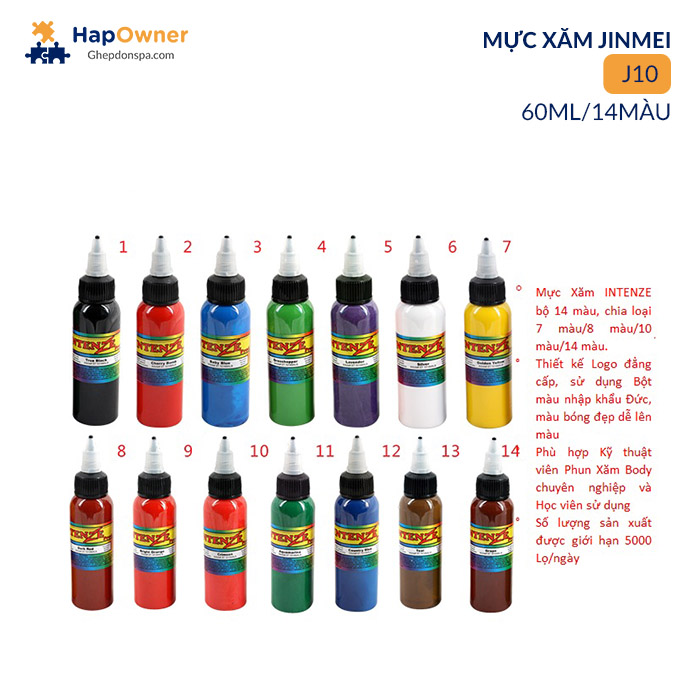 J10: Mực xăm  Intenze J10  60ml/14màu Jinmei