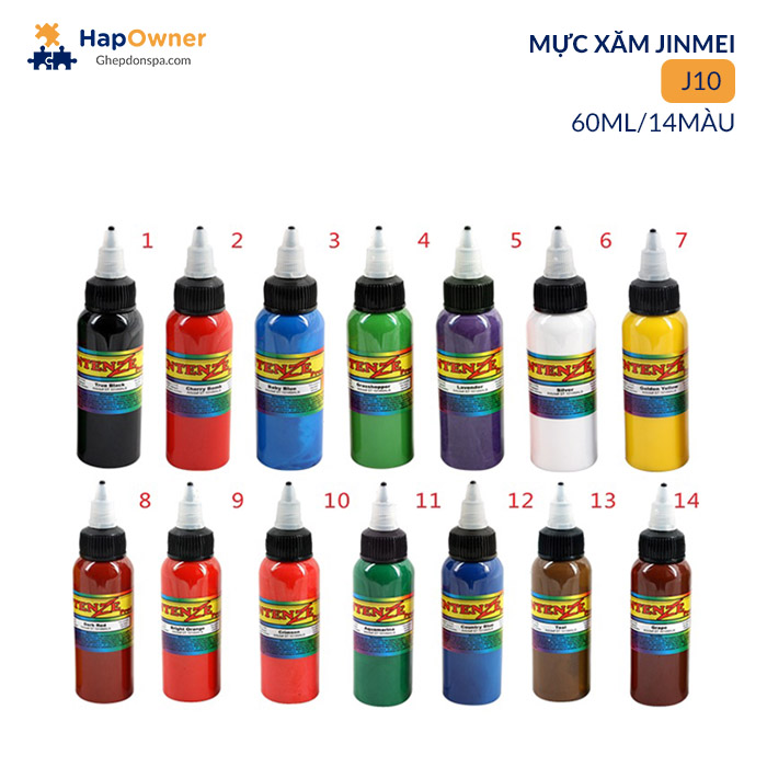 J10: Mực xăm  Intenze J10  60ml/14màu Jinmei