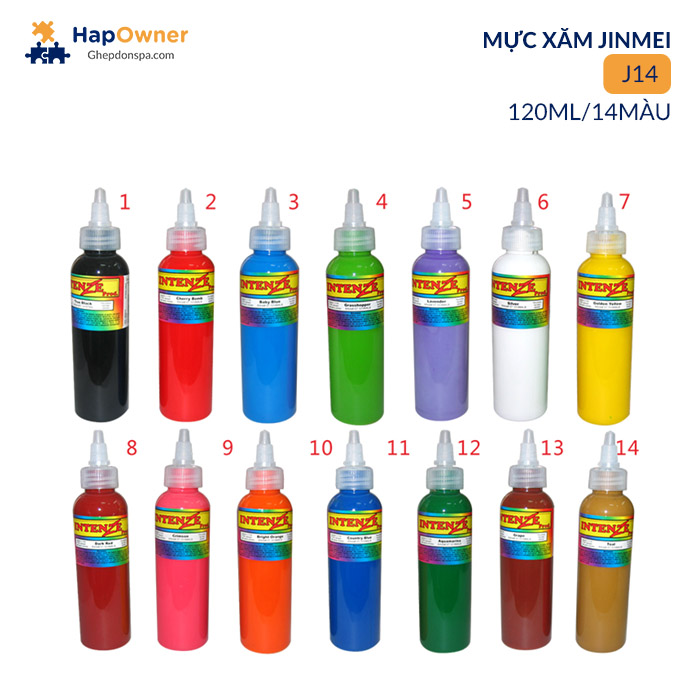 J14: Mực xăm  Intenze J14 120ml/ 14màu Jinmei