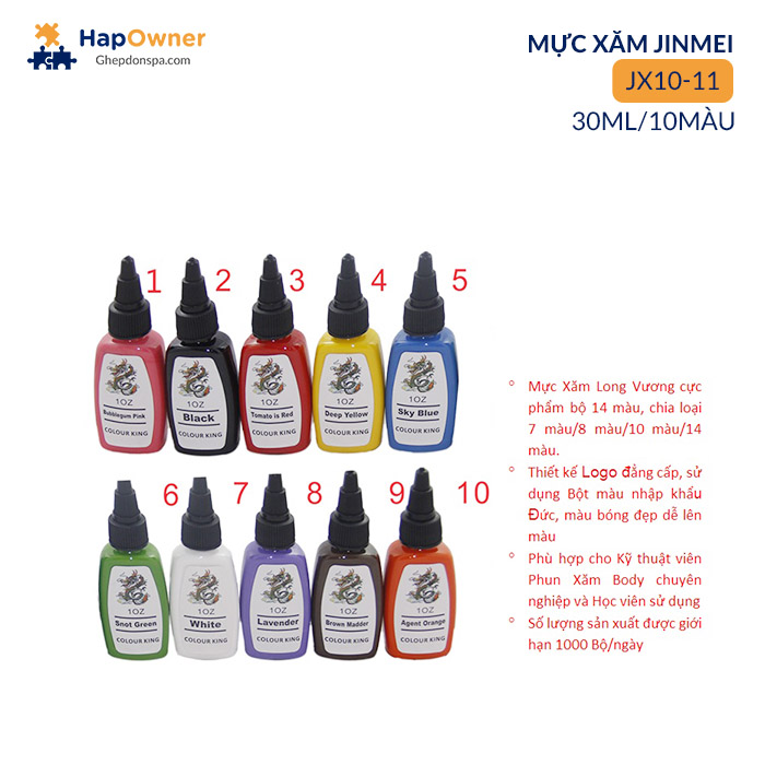 JX10-11: Mực xăm Cực phẩm Long Vương 30ml/10màu