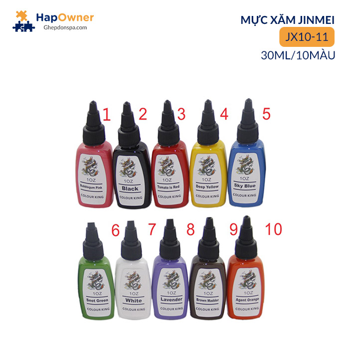 JX10-11: Mực xăm Cực phẩm Long Vương 30ml/10màu