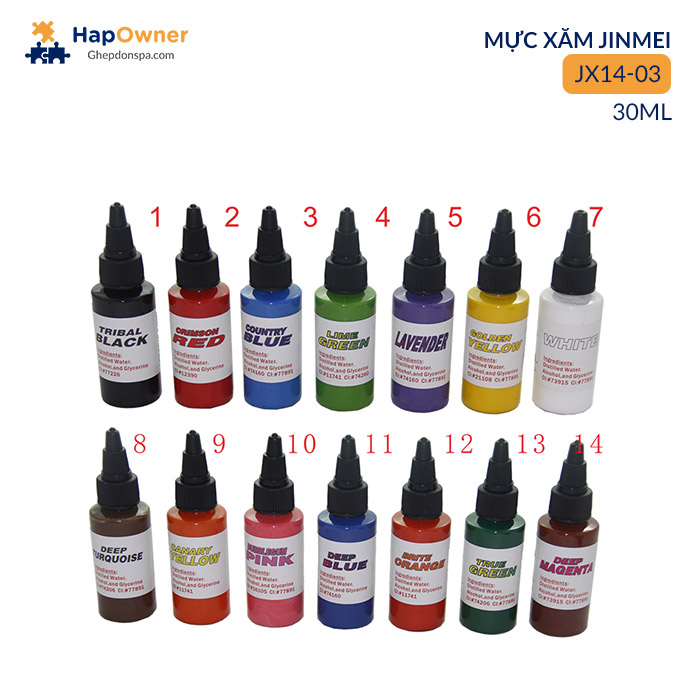 JX14-03: Mực xăm Cực phẩm Long Vương 30ml/14màu