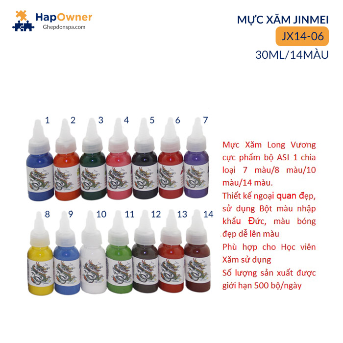 JX14-06: Mực xăm Cực phẩm Long Vương 30ml/14màu